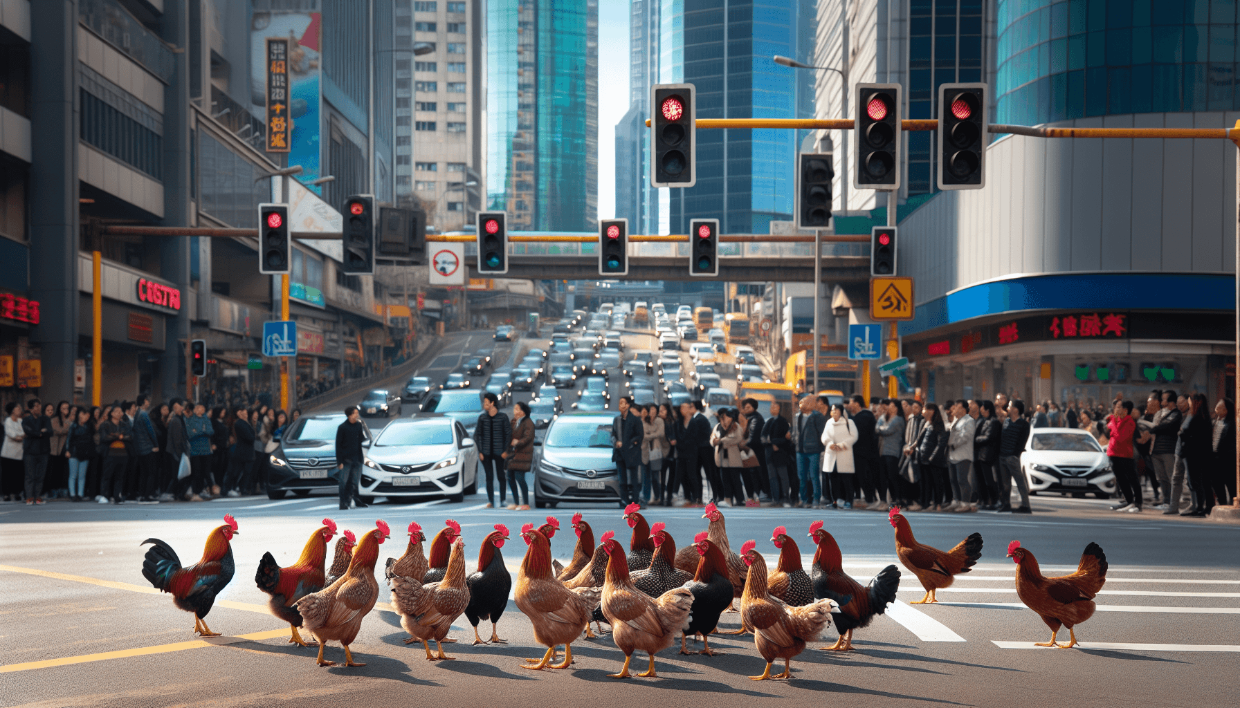 Cenário urbano com galinhas